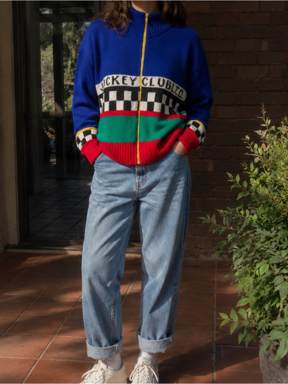 Outlander vintage color block jockey club zip sweater